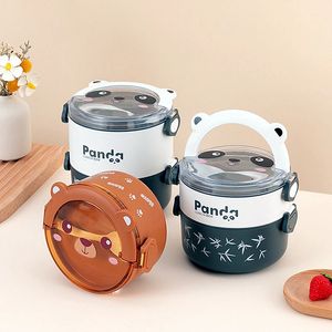 Bento caixas bonito panda térmica bento lancheira para crianças portátil dupla camada redonda mini cartoon micro-ondas recipientes de armazenamento de alimentos 231013