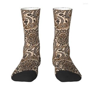 Meias masculinas kawaii marrom paisley textura floral vestido unissex confortável quente impressão 3d boho boêmio flores estilo tripulação