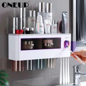 Diş fırçası tutucular Oneup diş fırçası tutucu banyo için otomatik diş macunu fıkra duvarı bardak depolama rafı organizatör banyo aksesuarları 231013