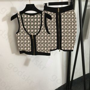 Verificação de impressão de malha camisola overskirt feminino elegante fino zíper colete pacote de malha saia quadril 2 peça