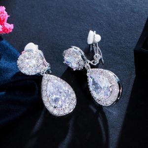 Stud Cwwzircons Non Pierced Ear Design Dangle Water Drop Cubic Zirconia Crystal Wedding Bridal Clip on Earring utan Piercing CZ102 231016