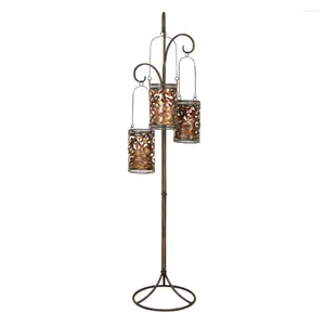 Candle Holders 3 Holder Brass Metal Perforated Moroccan Design Decorative Hanging Lantern With Scrollwork Stand