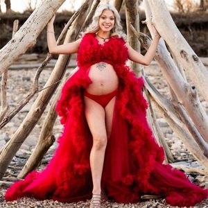 Party Dresses Women's Red Prom Lady Baby Shower Glows Bathrobe Ruffled Maternity Po Shoot Dress Backless