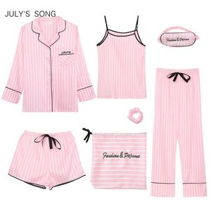 Juli's Song Pink Women's 7 Pieces Pyjamas Set Emulation Silk Strip Pyjamas Women Sleepwear Set Spring Summer Autumn 223x