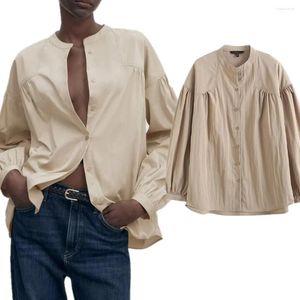 Women's Blouses Maxdutti French Lazy Light Champagne Color Elegant Blouse Women Simple Shirt 2023 Autumn Long-Sleeved Stand-Collar Casual