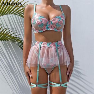 Set di reggiseni Aduloty Set di lingerie erotica Ricamo squisito Grande fiore Prospettiva Tentazione Gonna piccola Donna sexy Under299D