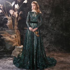 Elegante longo muçulmano vestidos de noite jóia pescoço com mangas completas botão volta sereia trem varredura baile de formatura festa formal vestido ocasião