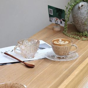 Coffeware sätter glas kaffekopp och fat set transparent präglade latte koppar efterrätt tårta maträtt vintage bärnsten mugg blommor formplatta