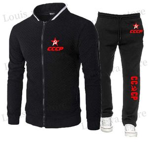 Herrspårssufter Sovjetunionen Sovjetunionen Herrens nya CCCP Ryssland 2 stycken Set Tracksuit runda hals huva tröja+byxa pullover hoodie sportkläder kostym T231017