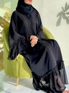 Etnik Giyim Moda Dantel Dikiş Müslüman Abaya Dubai Tam Uzunluk Flare Sleeve Türkçe İslam Robe Kemer