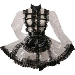 Maskot sissy kilitlenebilir seksi pvc berrak uzun kollu balıkçı yaka dantel fırfırlar perspektif hizmetçi elbise ile siyah önlük üniformalı hizmetkar cosplayanime kostümler