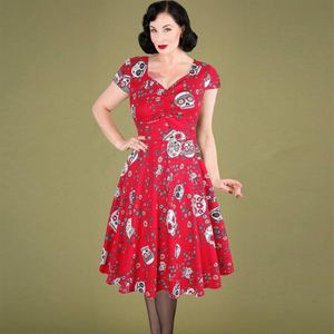 OTEN Halloween-Sommer-Skaterkleid, elegantes Vintage-Rotes Zuckerschädel-Blumenmuster, 50er-Jahre-Rockabilly-Abendparty, Übergröße-Kleider 21277W