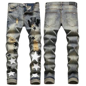 Men Jeans Letter Star AM tiny spot Men Embroidery Patchwork Ripped Sexy Romantic Wild Motorcycle Pant Mens AM3096-00 size 29-38