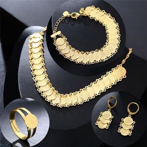 New Classic Arab Jewelry sets Gold Color Necklace & Bracelet Earrings Ring Middle Eastern for women Coin Bijoux 201222233H