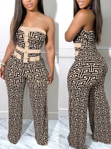 Women s Two Piece Pants One For Women Combinaison Femme Geometric Print Button Decor Tube Jumpsuit Bodysuit 231017