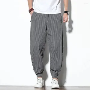 Calças masculinas estilo japonês verão seção fina listras harem homens algodão moda fivela de disco respirável linho plus size 5xl