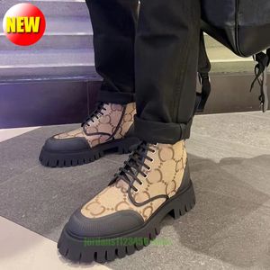 Designer-Schnür-Plateaustiefel für Herren und Damen, halber Stiefel, klassischer Stil, Winter- und Herbst-Nylon-Canvas, braun-schwarze Stiefeletten mit Knöchelnähten