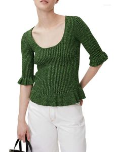 Suéteres femininos mulheres u-pescoço contraste cor verde malhas top babados manga slim fit costela suéter 2023 início da primavera pulôver de malha