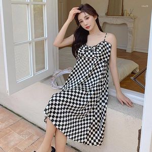 Women's Sleepwear Women Houndstooth Nightgown Sleepdress Ice Silk Home Clothes Sexy Suspenders Night Dress Bow Lace Edge