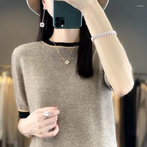 Women's Sweaters 2023 Fall Winter Woolen Sweater Crew Neck Color Matching Pure Wool Loose Temperament Luxury Knitted Half Sleeve