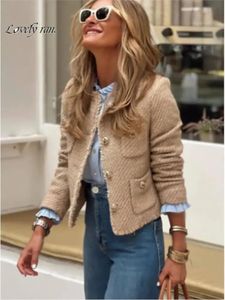 Mulheres Malhas Tee Bolsos Elegantes Tweed Bomber Jaquetas Moda Sólida Oneck Único Breasted Casacos Quentes Feminino Outono Chic Crop Outwear Casaco 231016