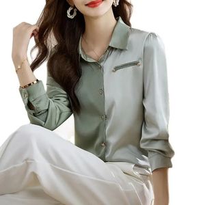 Woman Designer Button up Silk Shirt Contrast Color Satin Elegant Blouses Long Sleeve Autumn Winter Lapel Runway Shirts 2023 Office Ladies Casual Versatile Tops