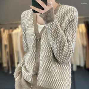 Women's Sweaters 23 Autumn And Winter 100 Pure Cashmere Cardigan V Collar Color Matching Korean Style Thickened Coat Sweater Wool Kni