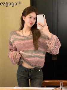 Women's Sweaters Ezgaga Women Sweater Pullover Hollow Out Contrast Long Sleeve Striped Fashion Knitted Crop Tops Loose Female Jumper Casual