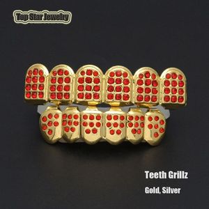 Хип-хоп Вечеринка Косплей Био Медь Золотые Зубы Grillz Шапки Верх Низ Блестящие Bling Красный CZ Очарование Гриль Наборы Зуб Socke192f