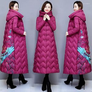 Women's Trench Coats Winter Fall Vintage Women Warm A Line Printed Floral Green Orange Extra Long Padded Parka Coat Womens Female And Parkas