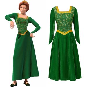 Princess Fiona Cosplay Costume Dress Outfit Women Cartoon Green Square Collar Veet Long Dress for Ladies Halloween Role Play