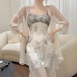 Women's Sleepwear Sexy Mesh Kimono Bathrobe Chinese Style Robe Suit Women Print Flower Spaghetti Trap Long Nightgown Rayon Intimate Lingerie