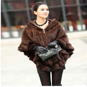 Fashion Women Fur Shawl Winter Knitted Real Furs Stole With Fur Hood Knitted Minks Coats Poncho Pashmina2933