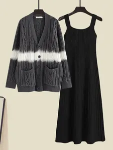 Work Dresses Fall Winter Knitwears Two Piece Sets For Women Outfits Korean Casual Long Sleeve Knitted Cardigans Black Knitting Dress Set