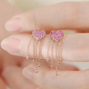 Dangle Earrings UNICE Pink Sapphire Real 18K Solid Yellow Gold Jewelry AU750 Love Heart Diamond Tassel Drop Earring For Women Gift