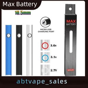 Shenzhen Vape Battery本物のマックスバッテリー10.5mm直径カートリッジバッテリーUSBパススルー350MAH予熱電圧VVベイプペン510カート卸売I Vape