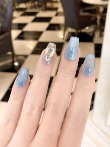 Unhas Falsas Handmade Azul Glitter Press On Nail Strass Cat Eye Médio Caixão Curto Cobertura Completa Manicure Profissional