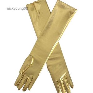 Fingerless Gloves Gold Silvery Wet Look Fake Leather Metallic Gloves Evening Party Performance Mittens Women Sexy Elbow Length Long Latex GlovesL231017