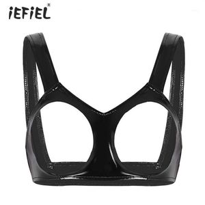 Women Sexy Erotic Lingerie Open Cups Latex Bra Clubwear Wet Look Faux Leather Bra Underwear Sleeveless Role Play Tanks Crop Top1328w