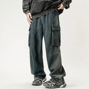 Jeans masculinos moda alta rua reta multi bolso outono e inverno europeu solto perna larga calças de carga homens baggy