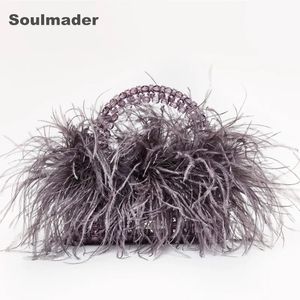 Evening Bags Pearl beaded evening bag Ostrich feather fur designer Clear Acrylic crystal stone box tote handbag women handmade party purse 231017