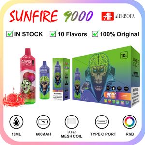 Vendita in fabbrica Sunfire 9000 Sbuffi Penna Vape usa e getta Cigs elettroniche ricaricabili 9K 0% 2% 3% 5% Sigarette elettroniche Luce RGB 10 sapori Bobina a rete da 0,8 ohm Batteria pod da 18 ml