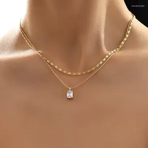 Choker Minar Dainty Square Cz Zircon Pendant Halsband för kvinnor Girls 14K Real Gold Plated Copper Double Layed Birthday Presents