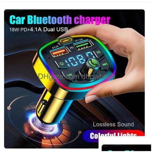 Car Bluetooth 5.0 Charger Fm Transmitter 4.1A Dual Usb Charge Pd 18W Type-C Ambient Light Cigarette Lighter Mp3 Music Player Drop De
