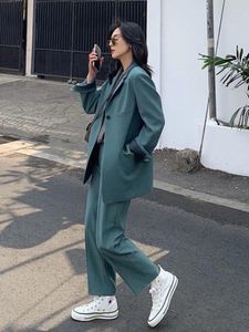 Women's Two Piece Pants Insozkdg 2023 Women Office Green Grey Suit 2-Piece Elegant Blazer Female Set Casual Loose Jacket Work Clothes Suits