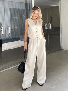 Women's Two Piece Pants 2023 Women Fashion Linen Top 2 Pcs Sets Summer Female Matching White Beige