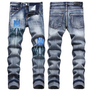 Men Jeans Letter Star AM tiny spot Men Embroidery Patchwork Ripped Sexy Romantic Wild Motorcycle Pant Mens AM3379-00 size 29-38