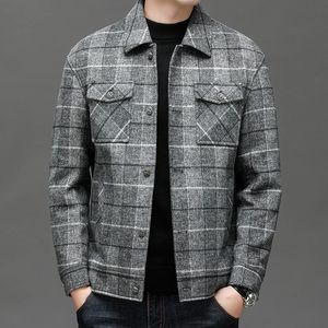 Herrjackor 2023 Autumn Winter Men Black Grey Plaid Wool Blend Coat Single Breasted stäng ned krage kashmir tweed jacka Basic outfits 231017