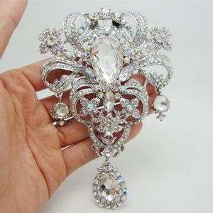 Hela - Luxury Bride Flower Drop Pendant Bride Bridesmaid Wedding Brooch Pin Clear Ab Rhinestone Crystal299V