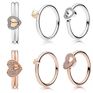 Rose Blushing Romance Puzzle Heart Of Golden Puzzle Gift Set Rings With Crystal 925 Sterling Silver Ring DIY Europe Jewelry259u